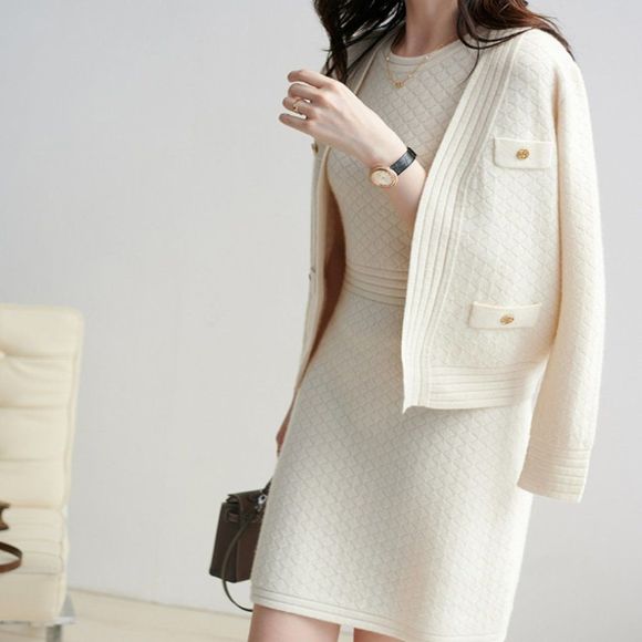 Knit Jacquard Jacket Dress | Office Sweater Dress - Picture 2 of 9